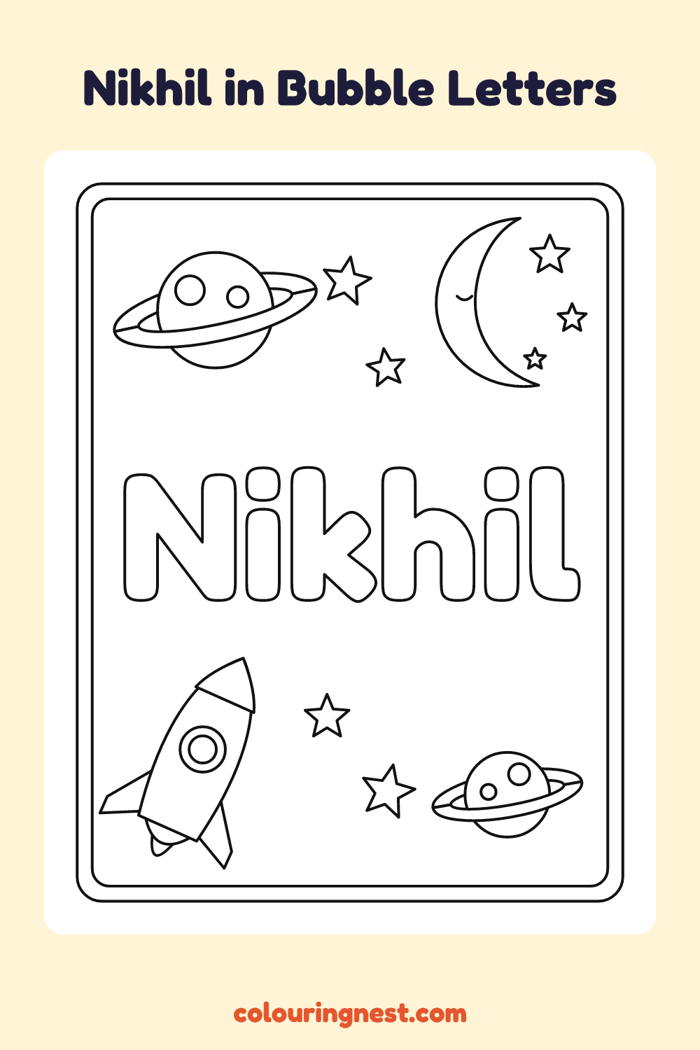 Nikhil in Bubble Letters coloring page: free printable black-and-white line art