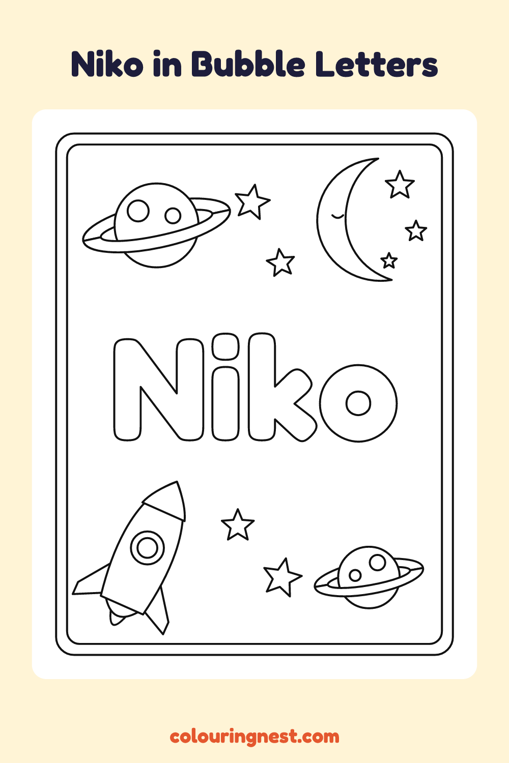 Niko in Bubble Letters coloring page: free printable black-and-white line art