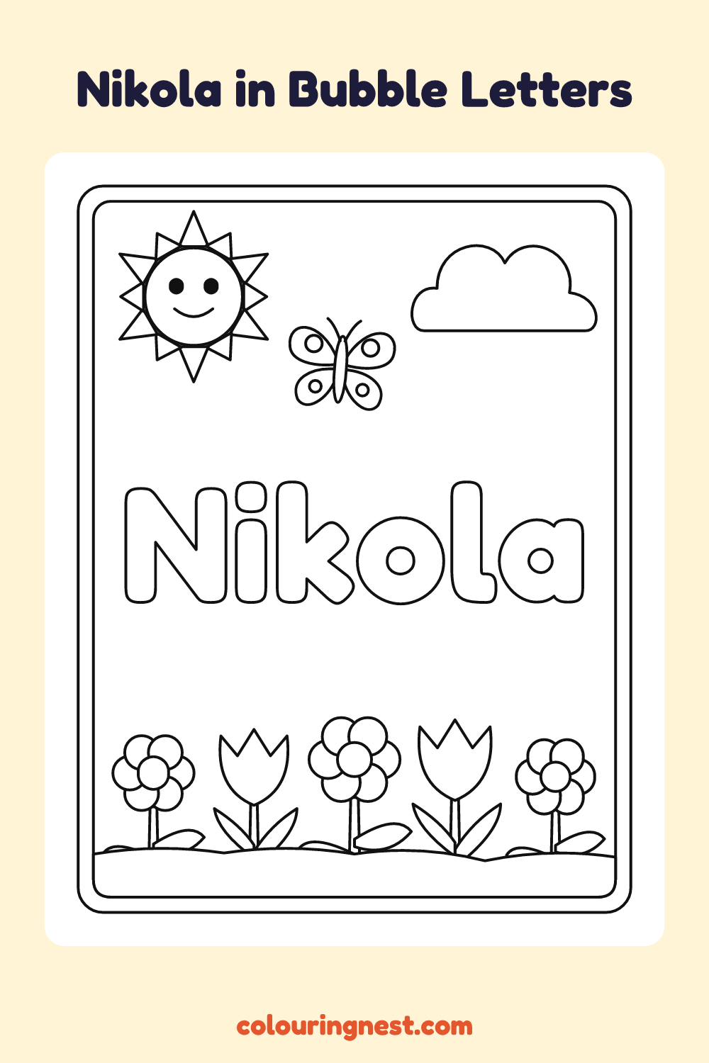 Nikola in Bubble Letters coloring page: free printable black-and-white line art