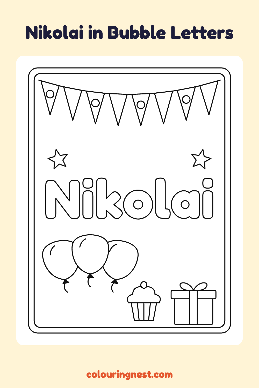 Nikolai in Bubble Letters coloring page: free printable black-and-white line art