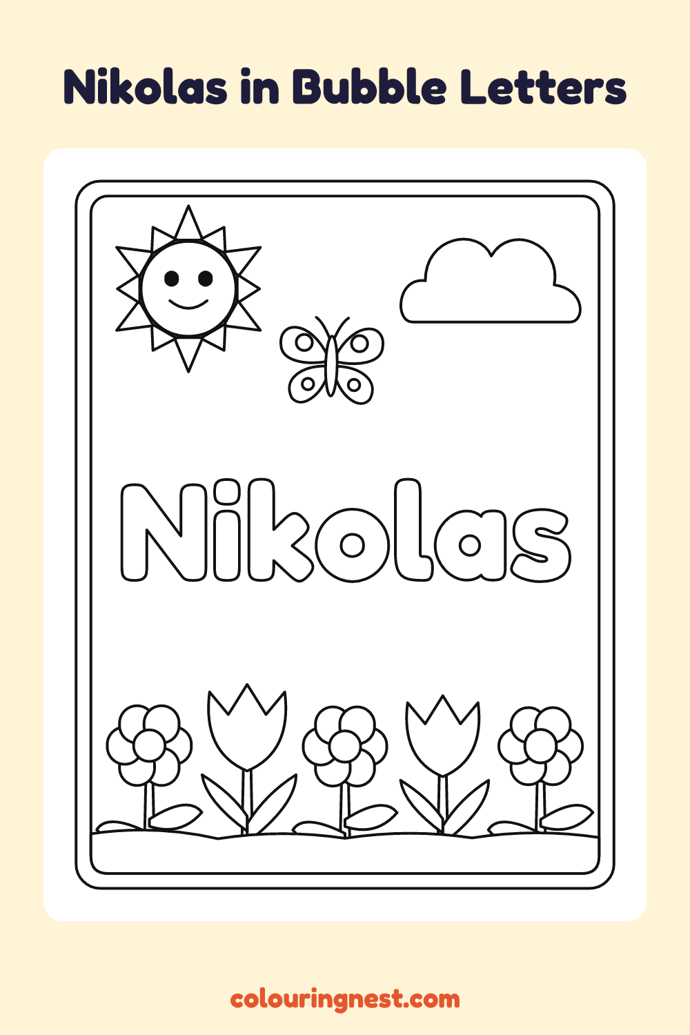 Nikolas in Bubble Letters coloring page: free printable black-and-white line art