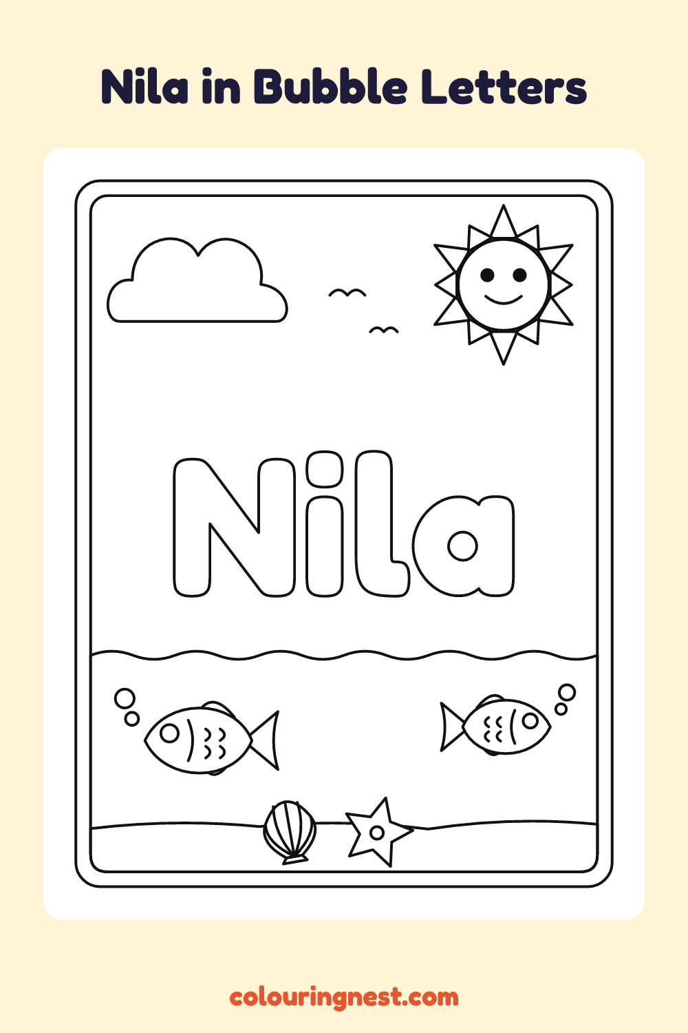 Nila in Bubble Letters coloring page: free printable black-and-white line art