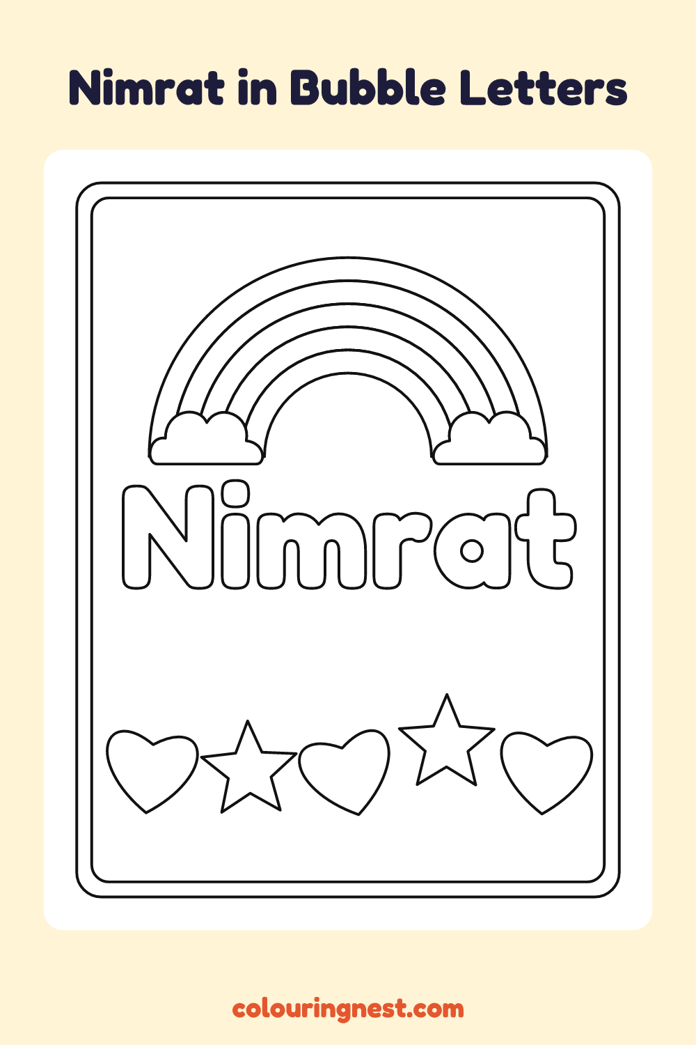 Nimrat in Bubble Letters coloring page: free printable black-and-white line art