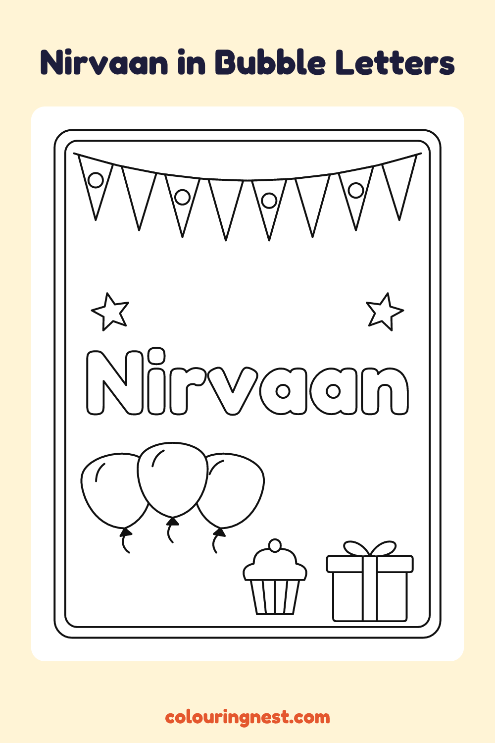 Nirvaan in Bubble Letters coloring page: free printable black-and-white line art