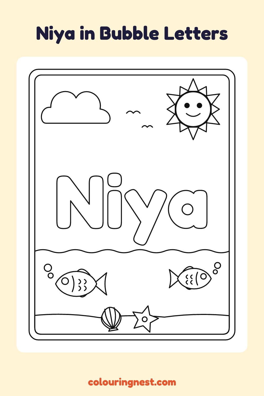 Niya in Bubble Letters coloring page: free printable black-and-white line art