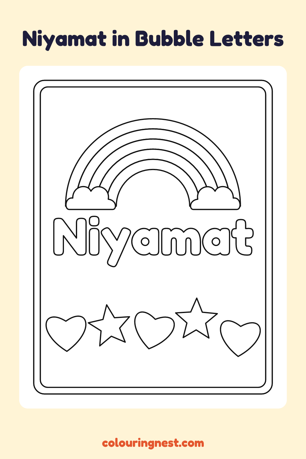Niyamat in Bubble Letters coloring page: free printable black-and-white line art