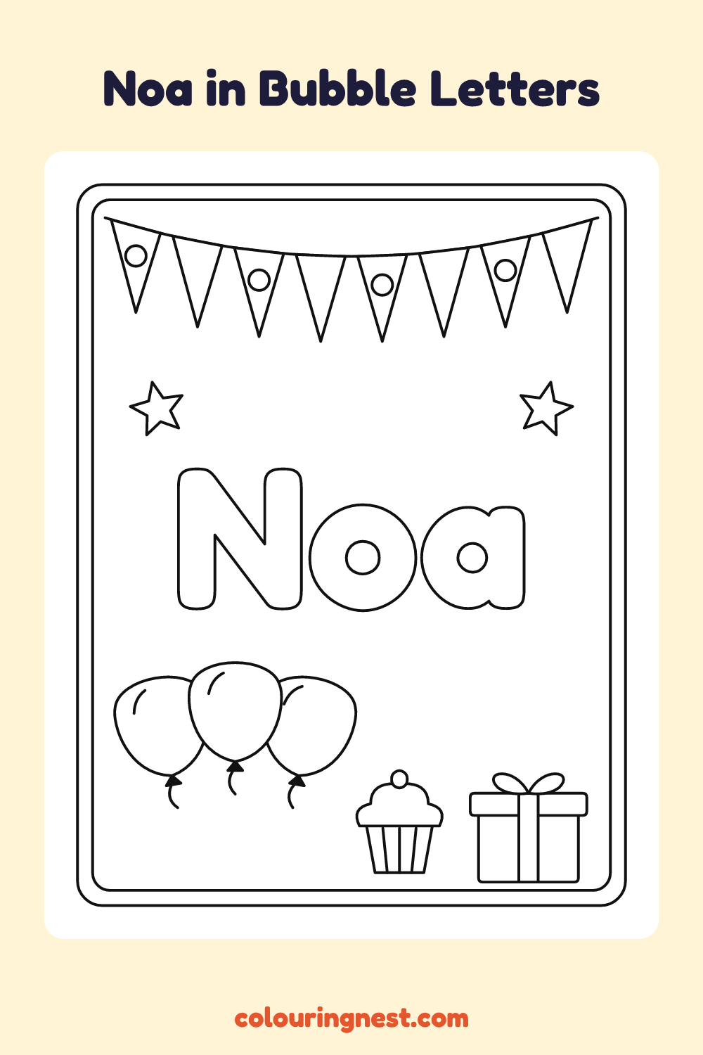 Noa in Bubble Letters coloring page: free printable black-and-white line art
