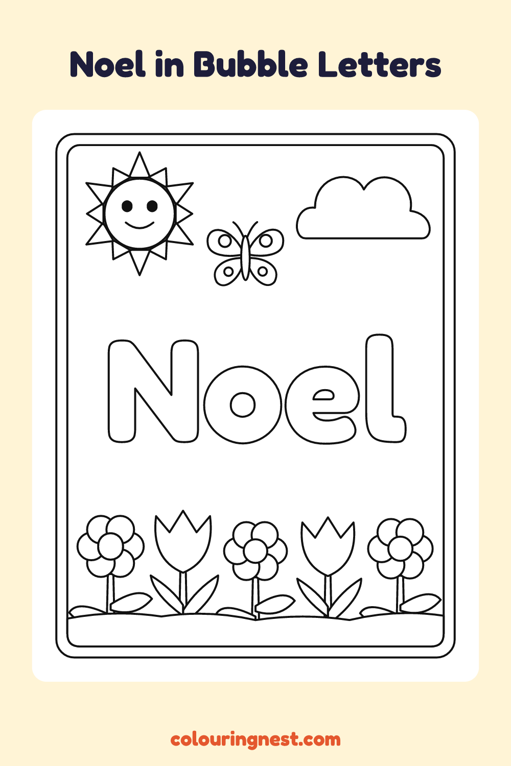 Noel in Bubble Letters coloring page: free printable black-and-white line art
