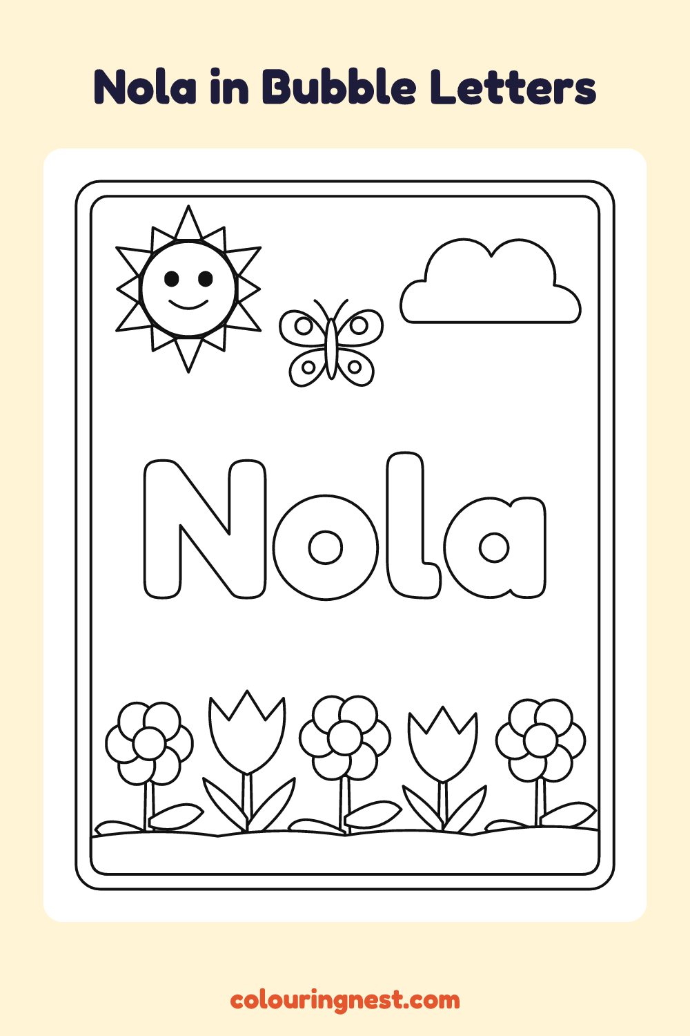 Nola in Bubble Letters coloring page: free printable black-and-white line art