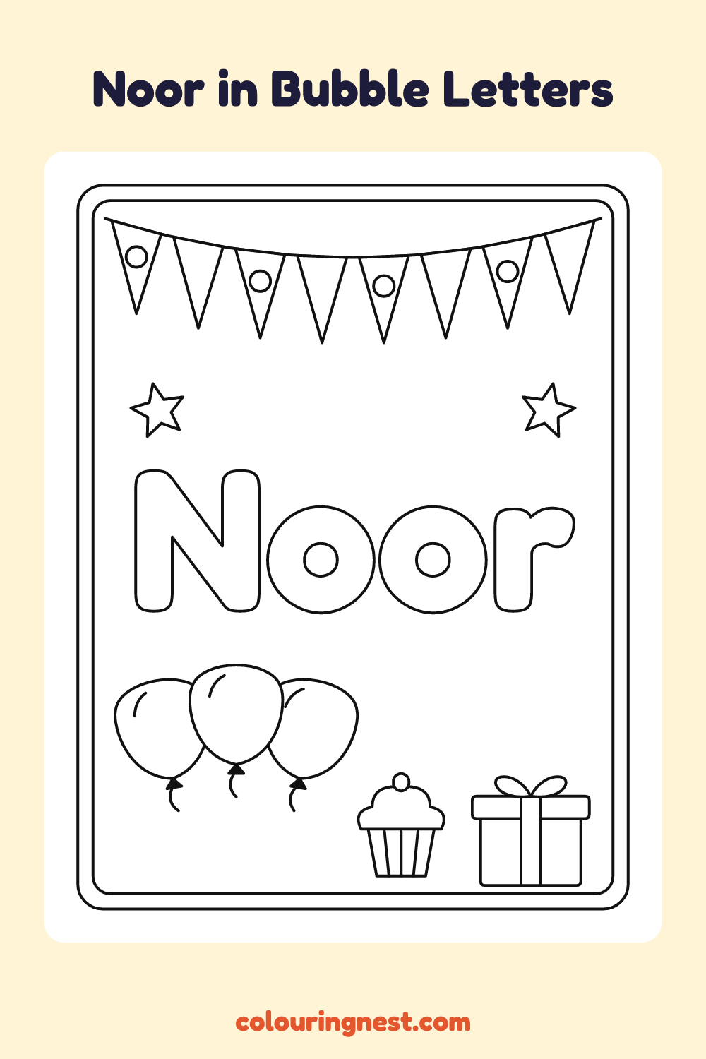 Noor in Bubble Letters coloring page: free printable black-and-white line art