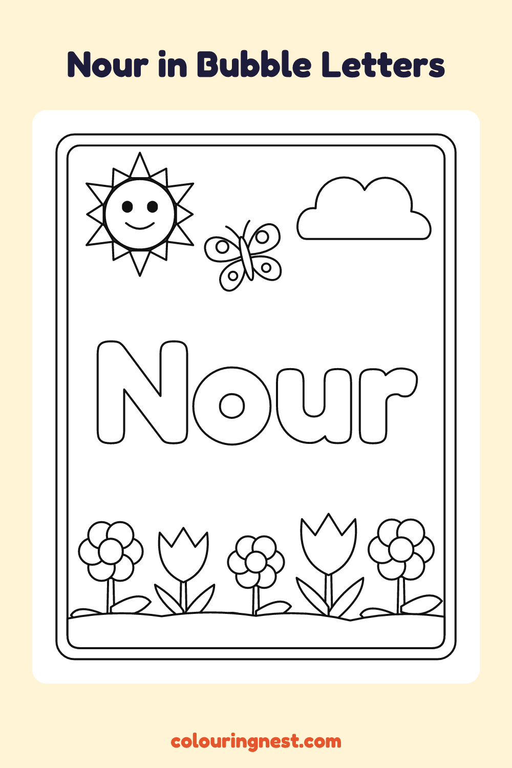 Nour in Bubble Letters coloring page: free printable black-and-white line art