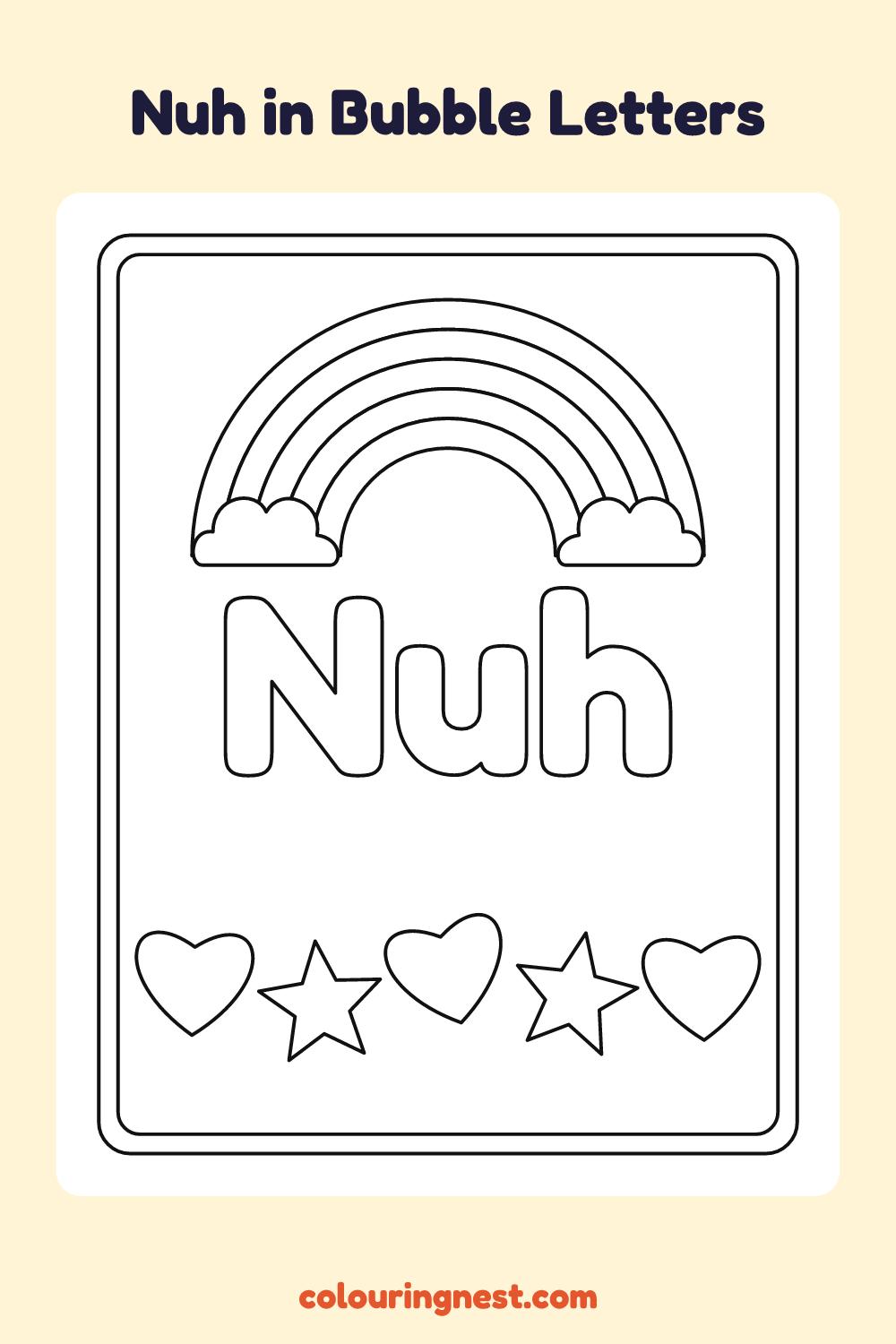 Nuh in Bubble Letters coloring page: free printable black-and-white line art
