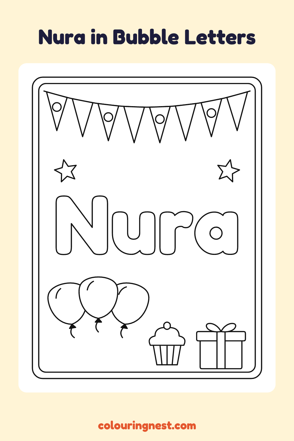 Nura in Bubble Letters coloring page: free printable black-and-white line art