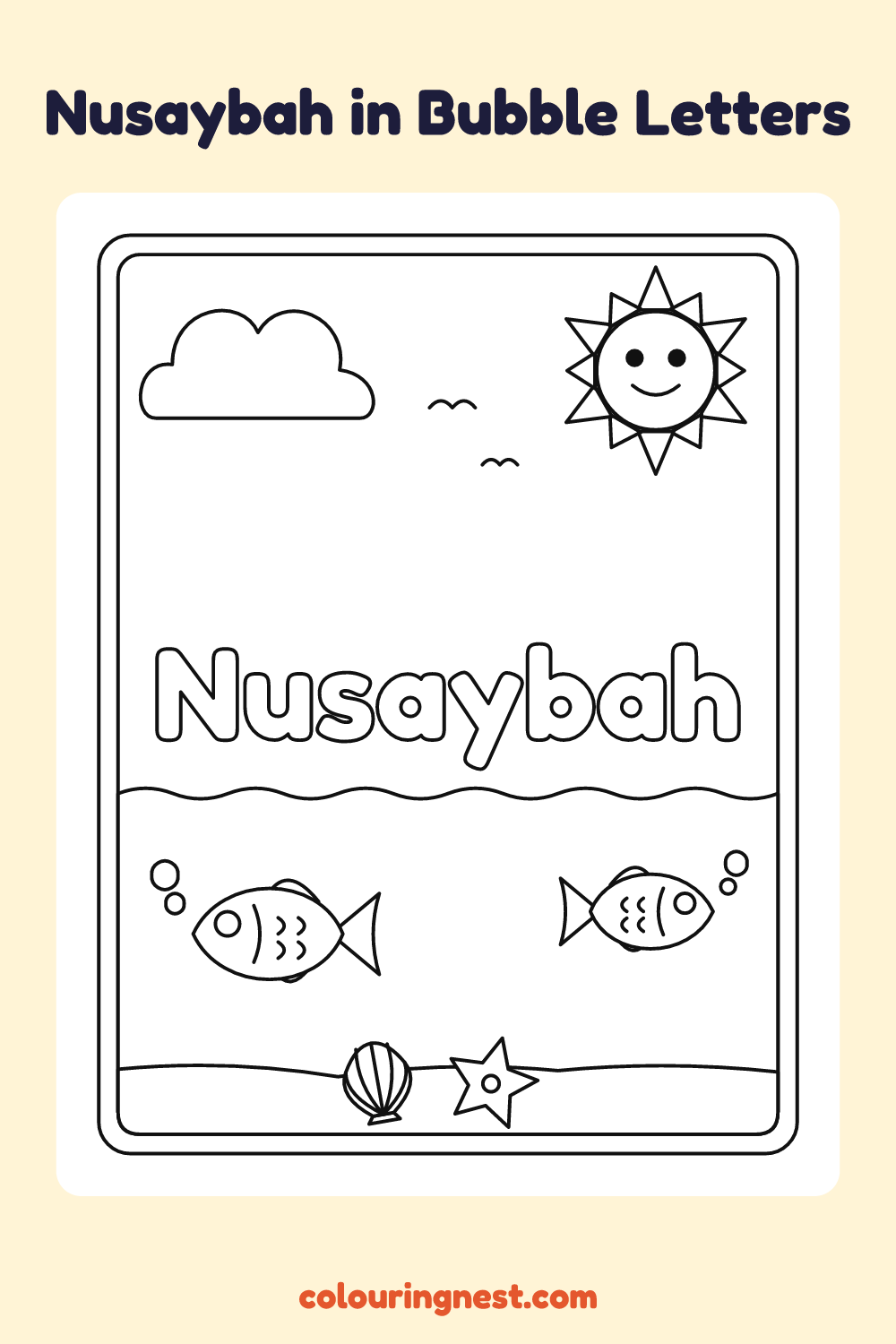 Nusaybah in Bubble Letters coloring page: free printable black-and-white line art