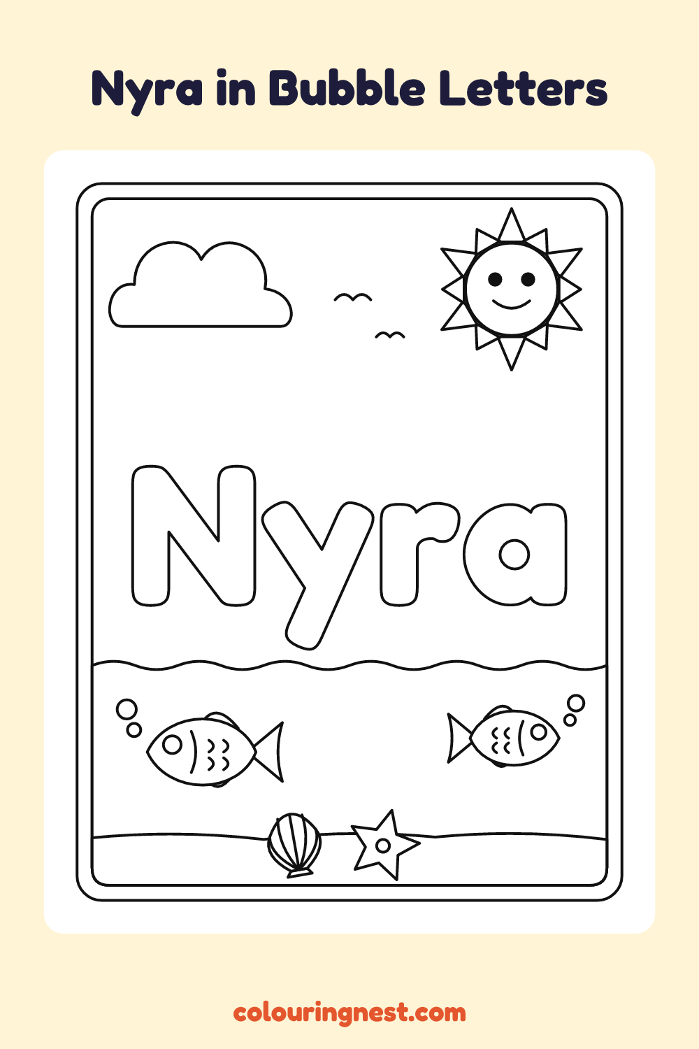 Nyra in Bubble Letters coloring page: free printable black-and-white line art