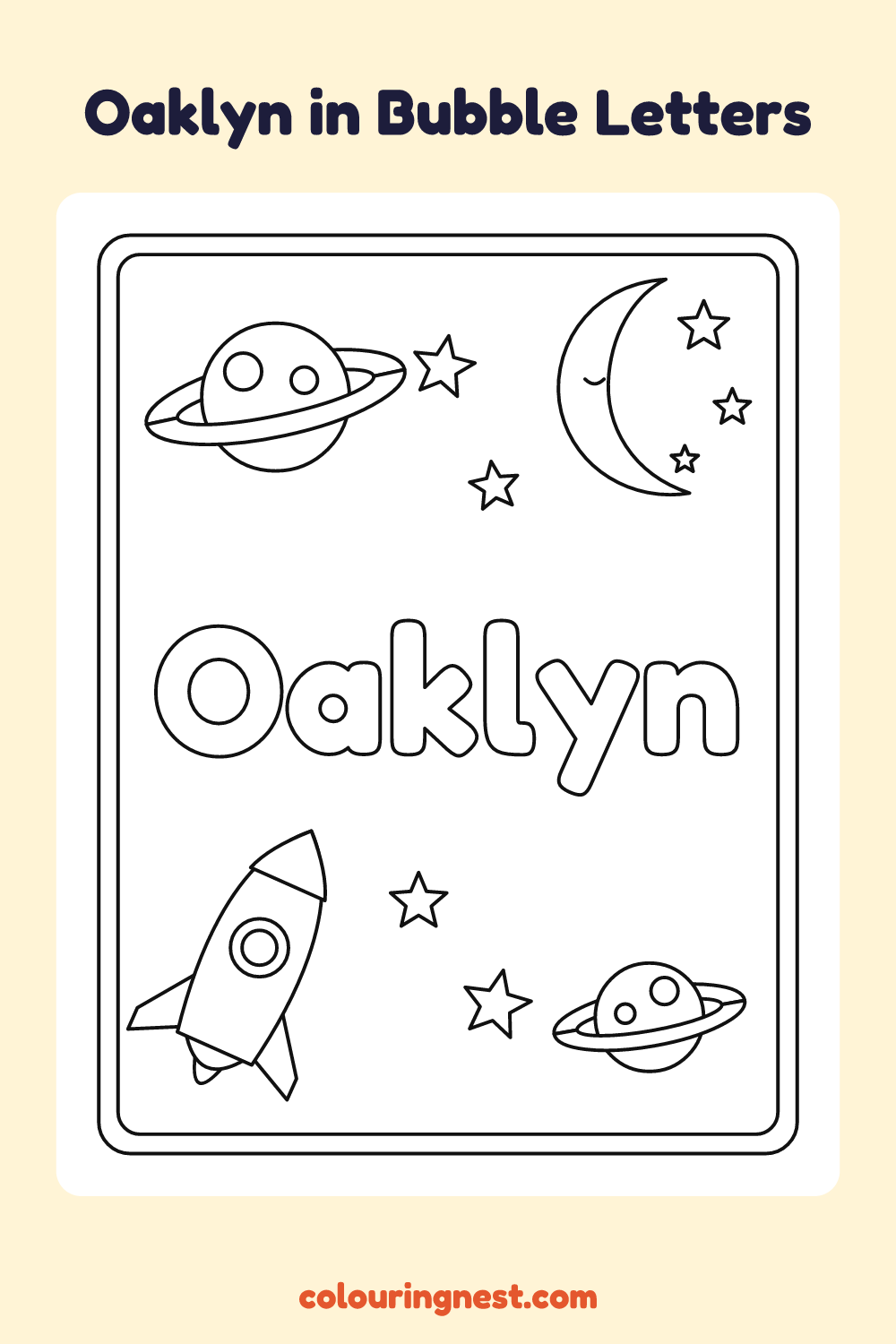 Oaklyn in Bubble Letters coloring page: free printable black-and-white line art