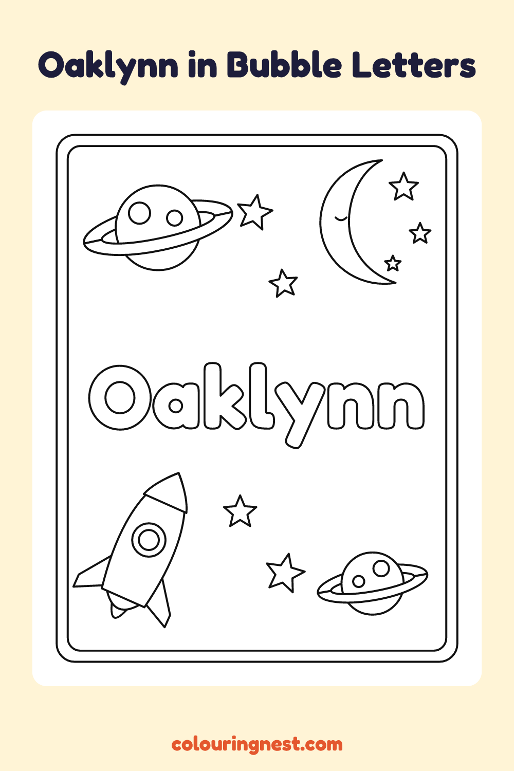 Oaklynn in Bubble Letters coloring page: free printable black-and-white line art