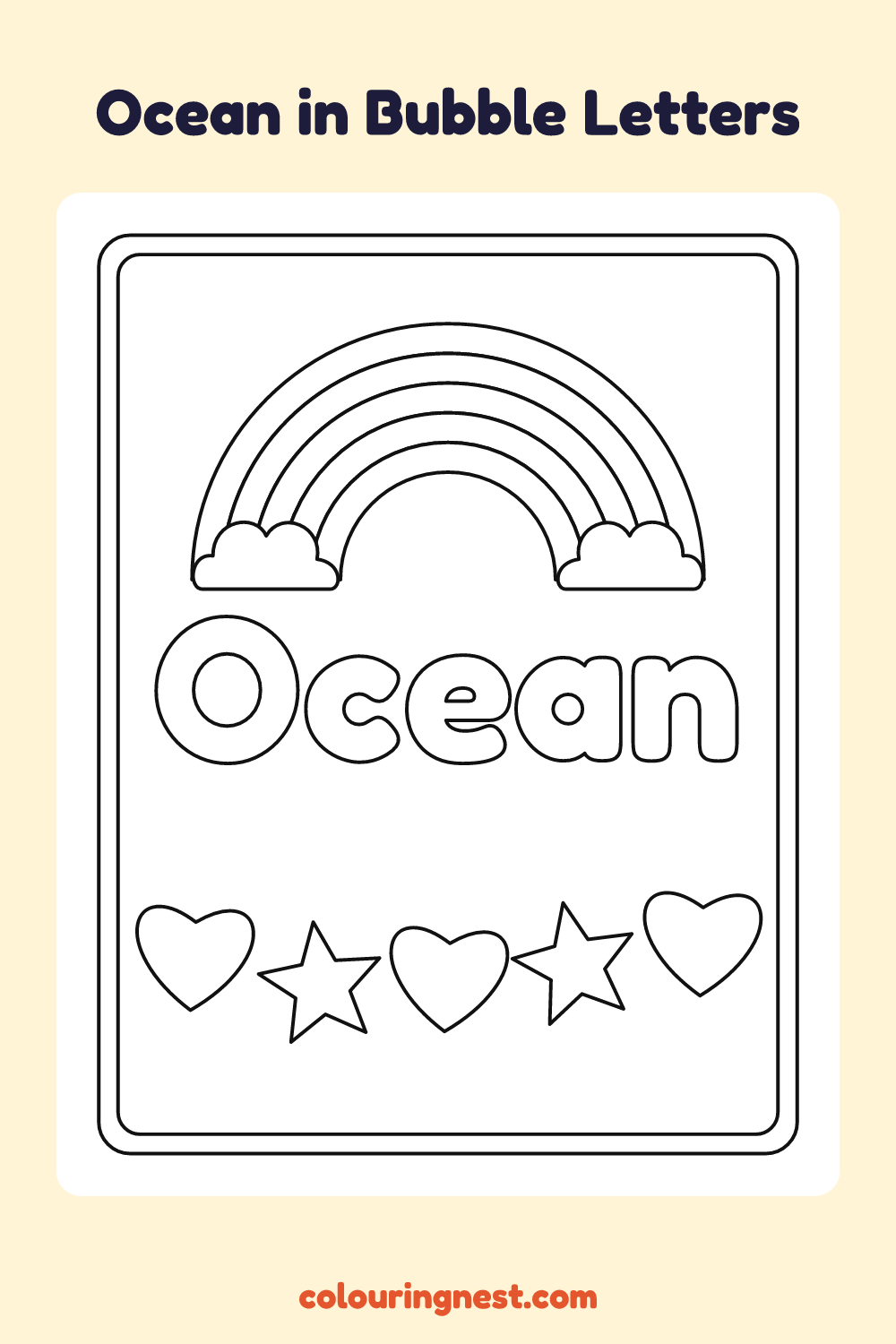 Ocean in Bubble Letters coloring page: free printable black-and-white line art