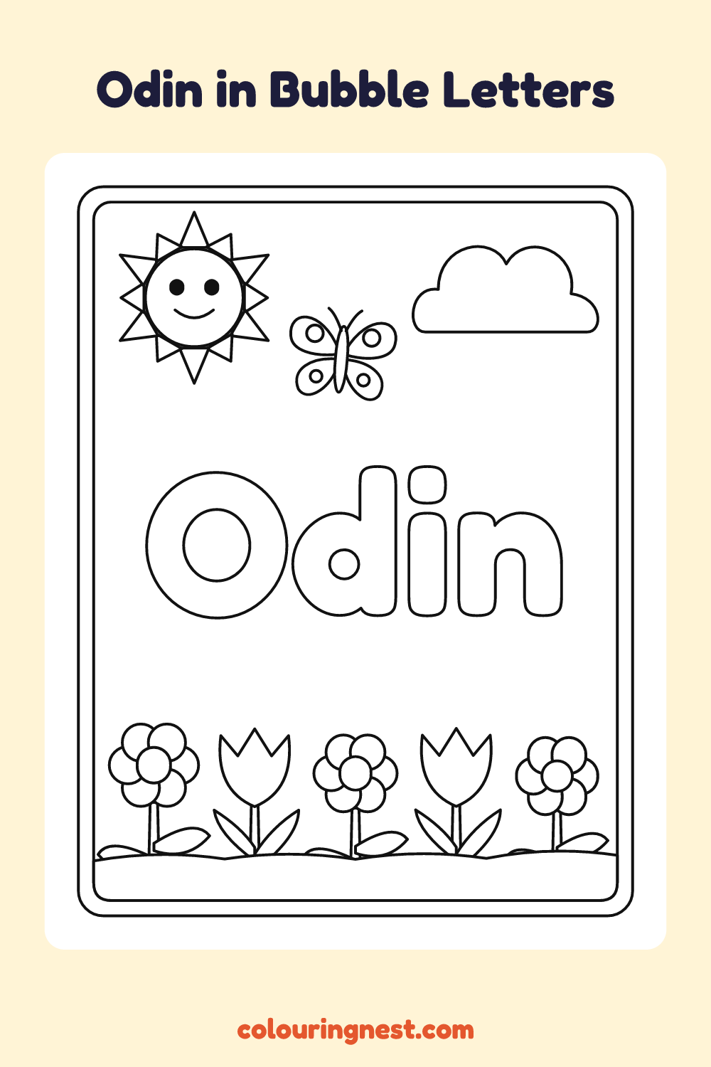Odin in Bubble Letters coloring page: free printable black-and-white line art