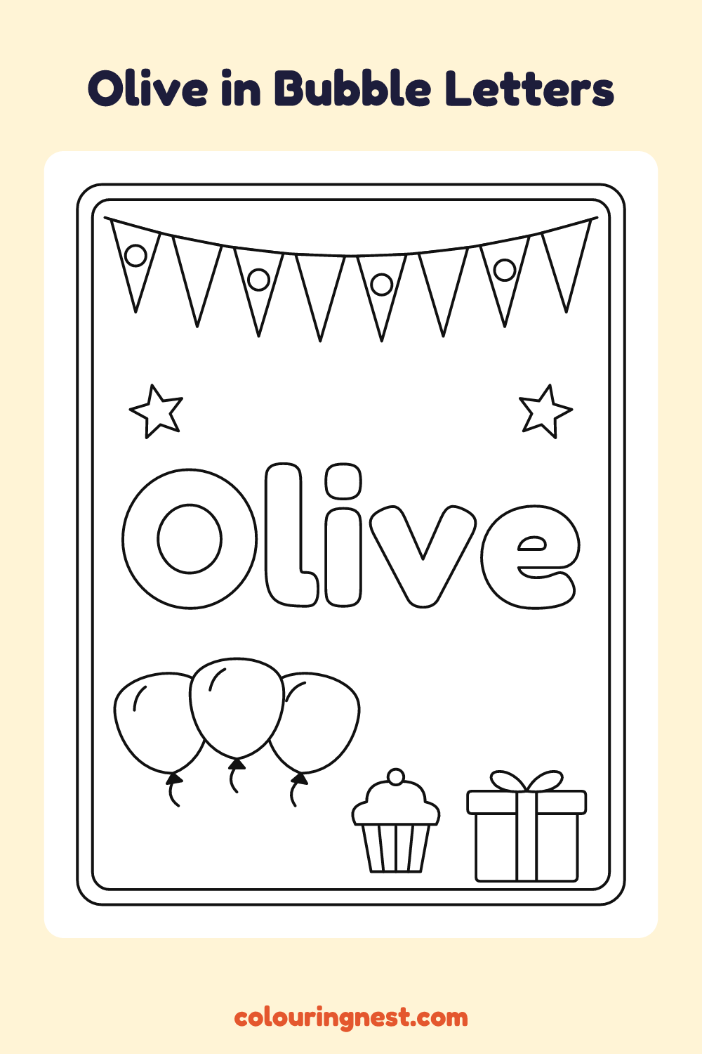Olive in Bubble Letters coloring page: free printable black-and-white line art