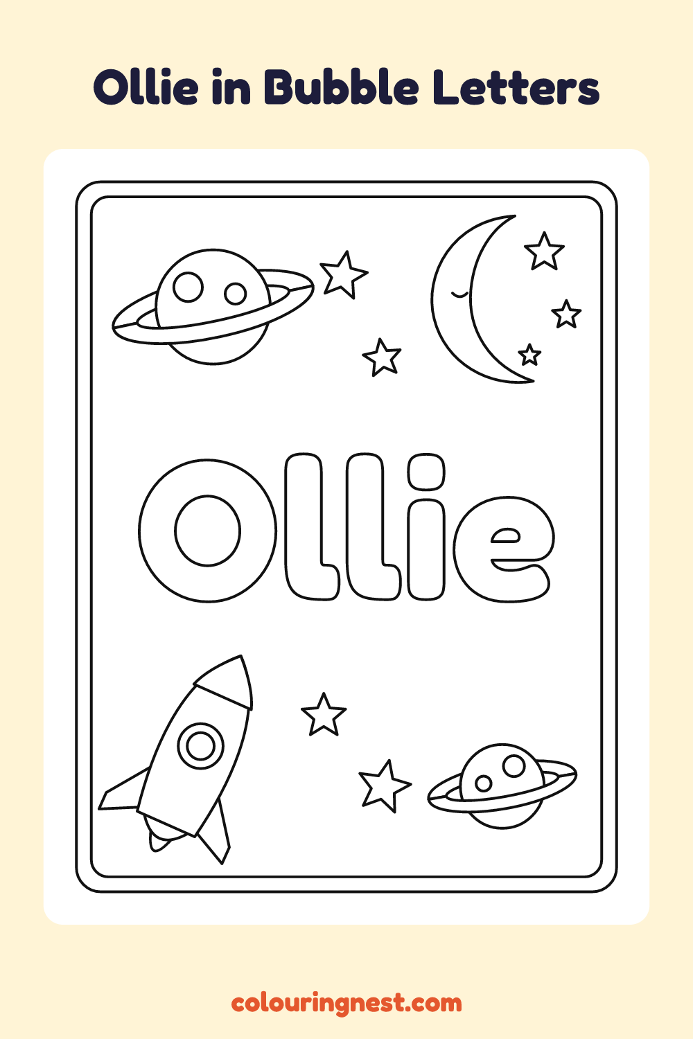 Ollie in Bubble Letters coloring page: free printable black-and-white line art