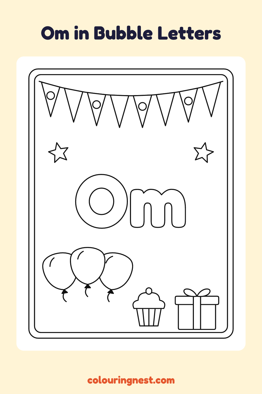 Om in Bubble Letters coloring page: free printable black-and-white line art