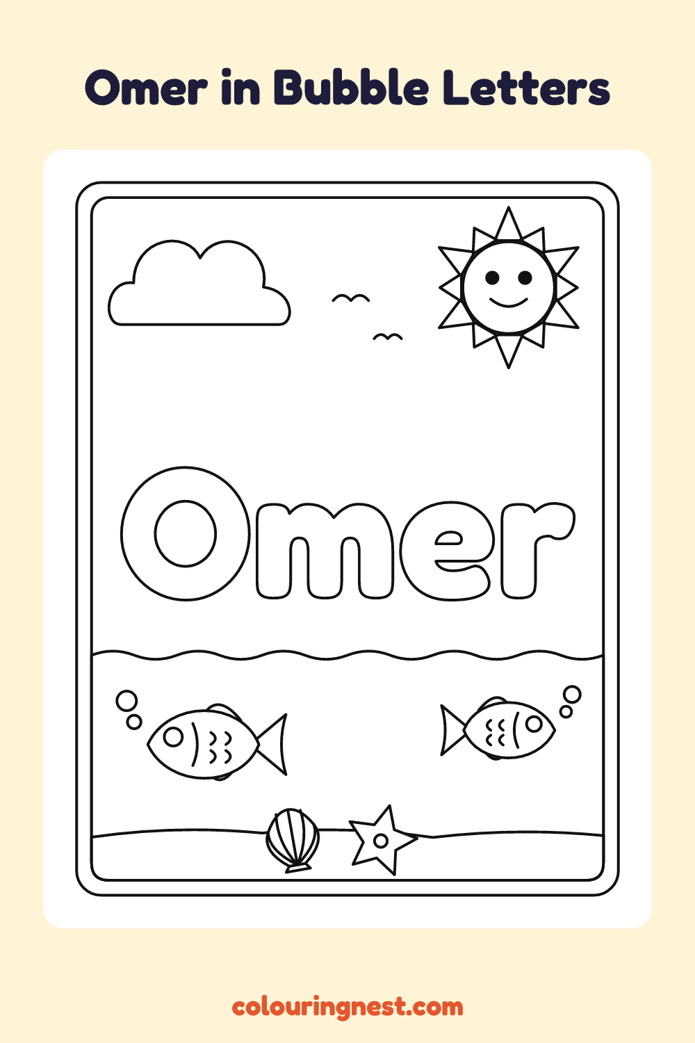 Omer in Bubble Letters coloring page: free printable black-and-white line art