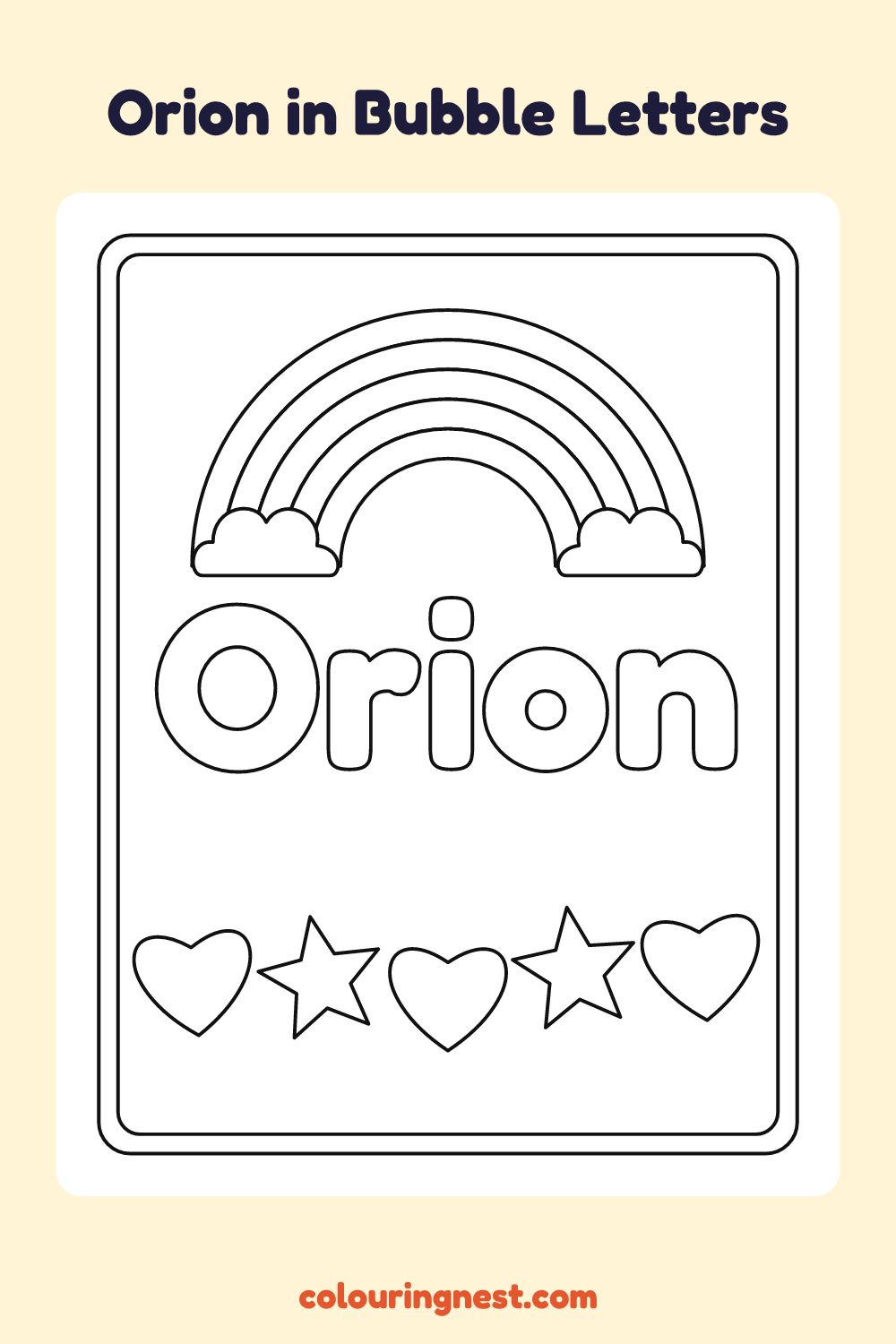 Orion in Bubble Letters coloring page: free printable black-and-white line art