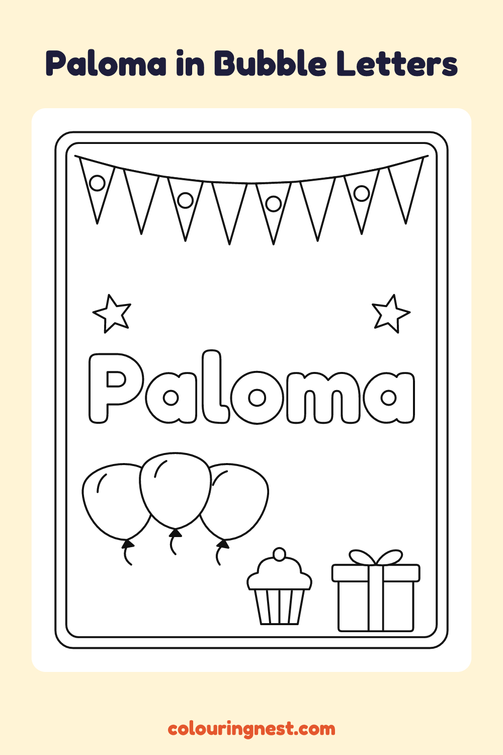 Paloma in Bubble Letters coloring page: free printable black-and-white line art