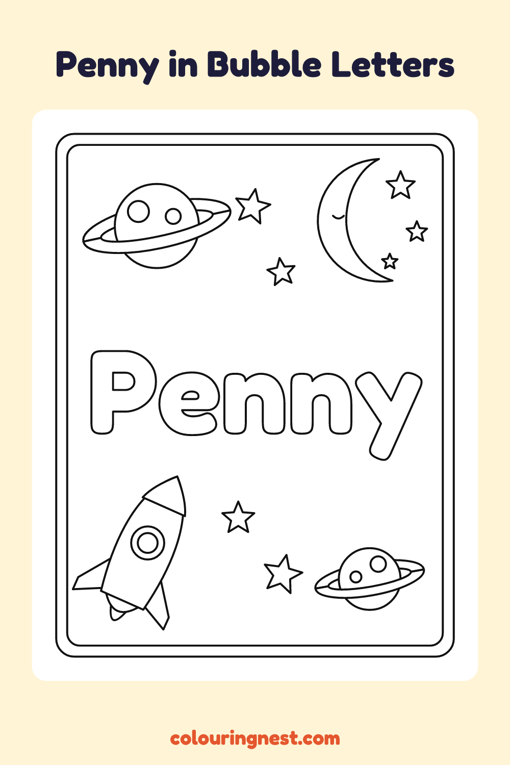 Penny in Bubble Letters coloring page: free printable black-and-white line art