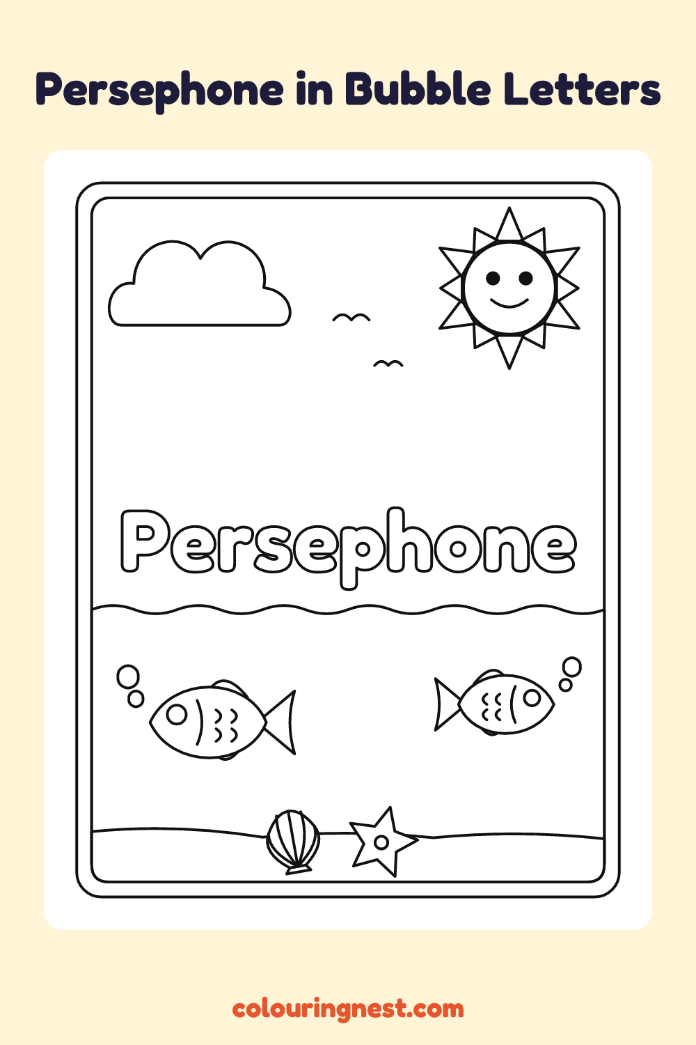 Persephone in Bubble Letters coloring page: free printable black-and-white line art