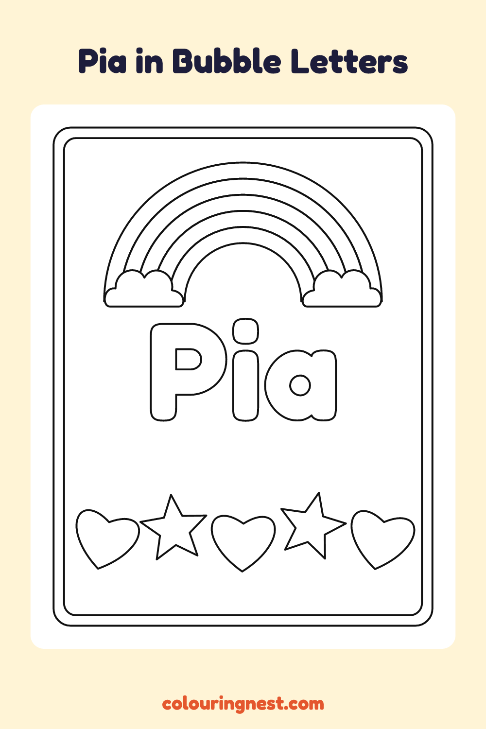 Pia in Bubble Letters coloring page: free printable black-and-white line art