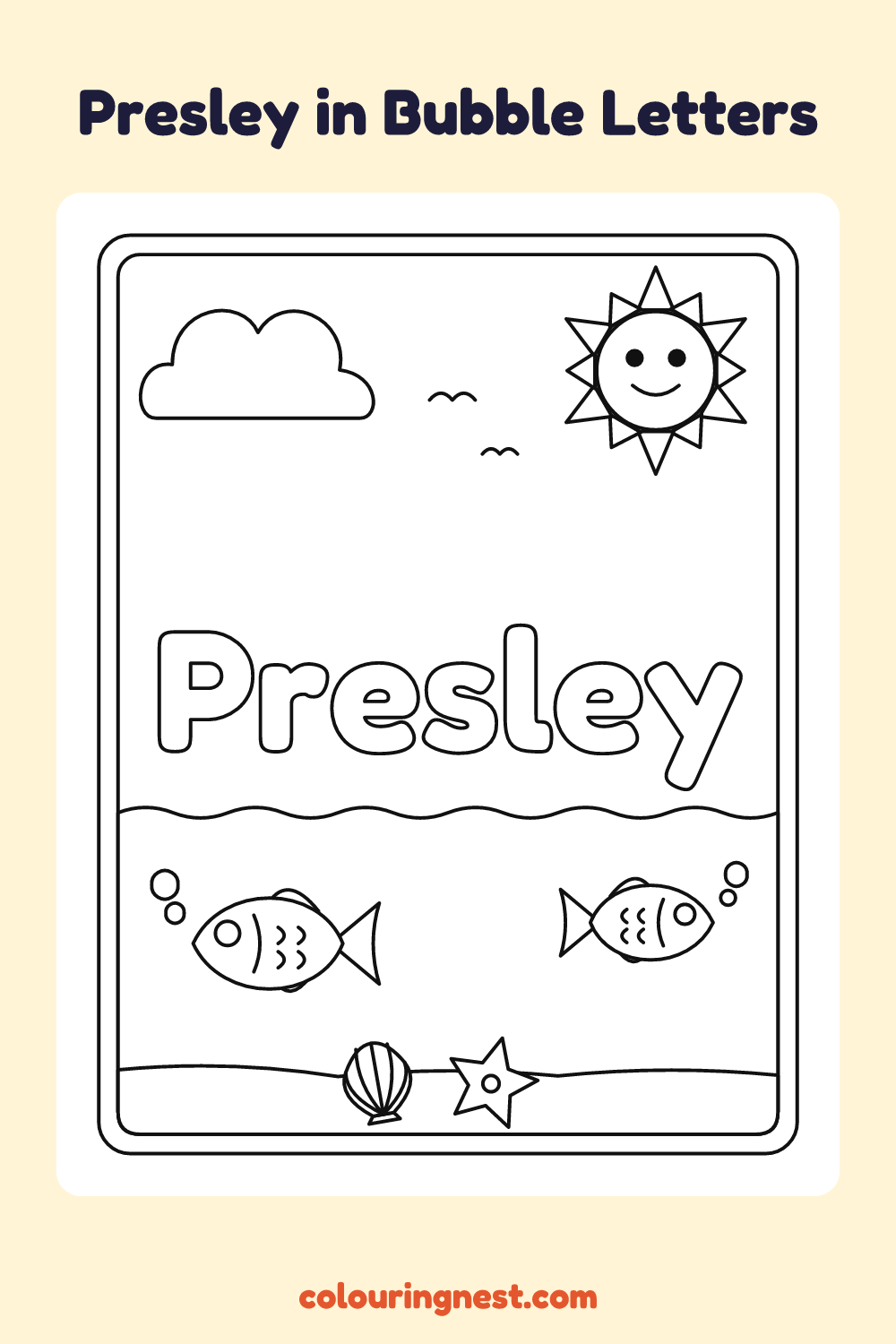 Presley in Bubble Letters coloring page: free printable black-and-white line art