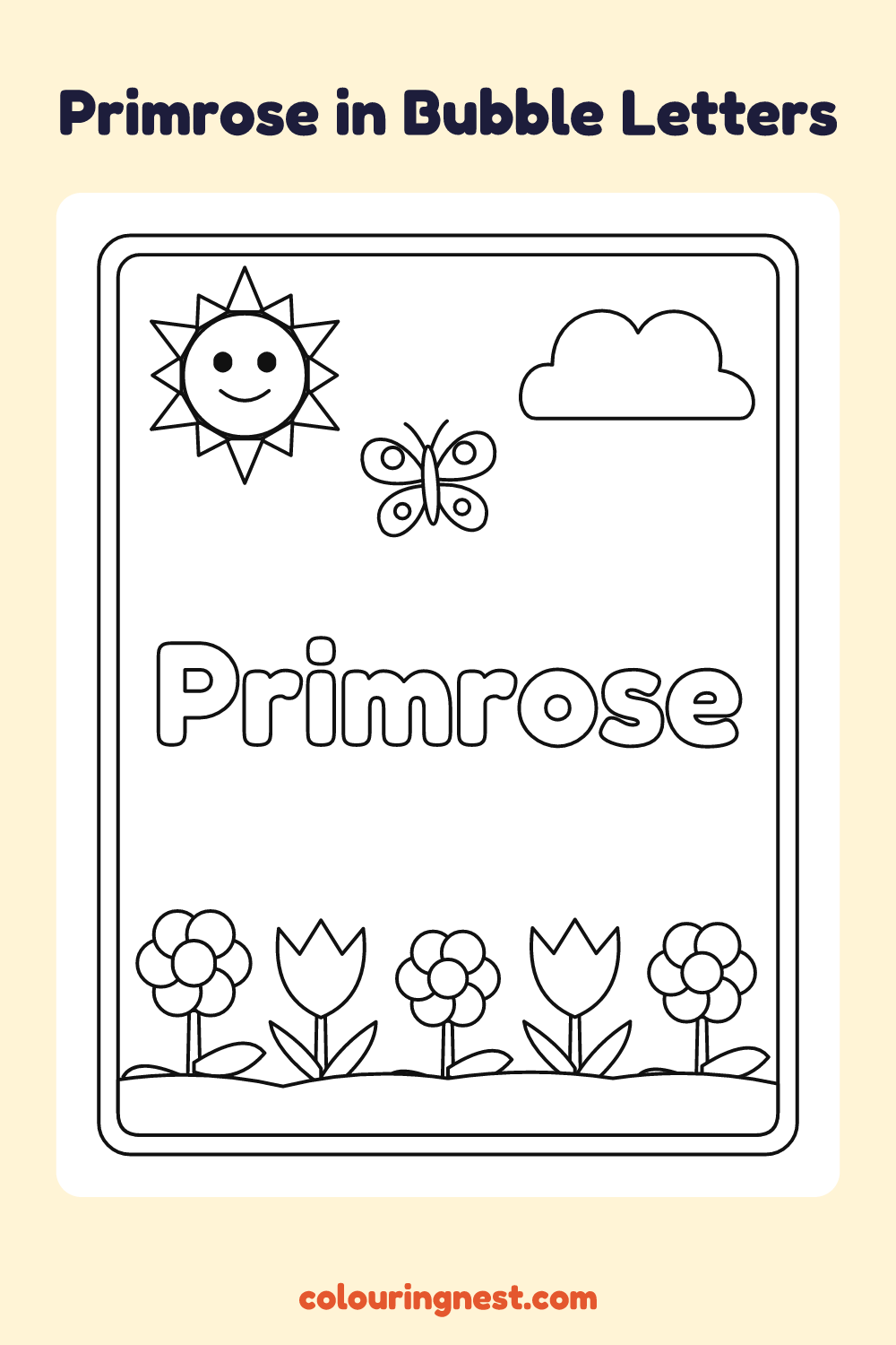 Primrose in Bubble Letters coloring page: free printable black-and-white line art