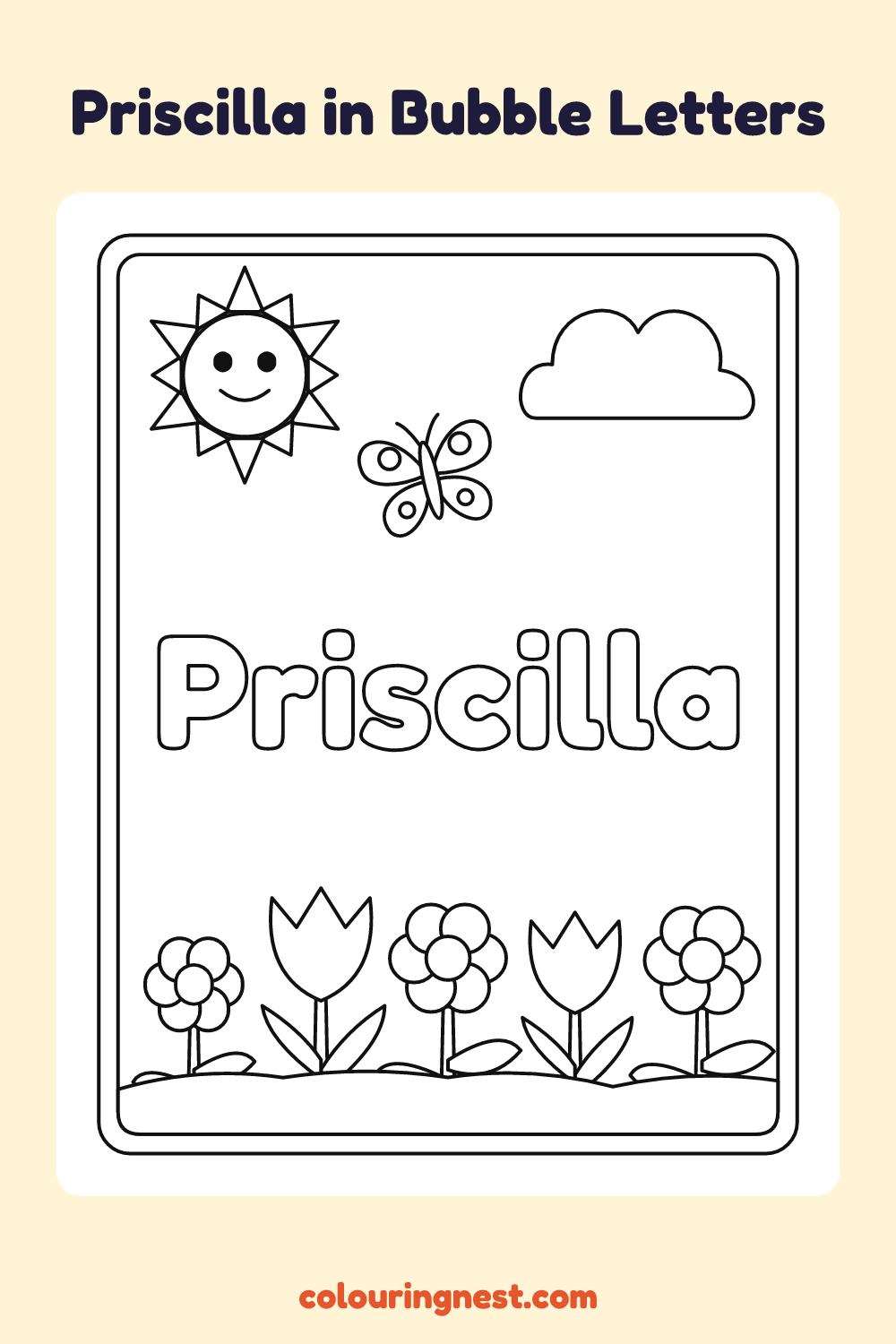 Priscilla in Bubble Letters coloring page: free printable black-and-white line art