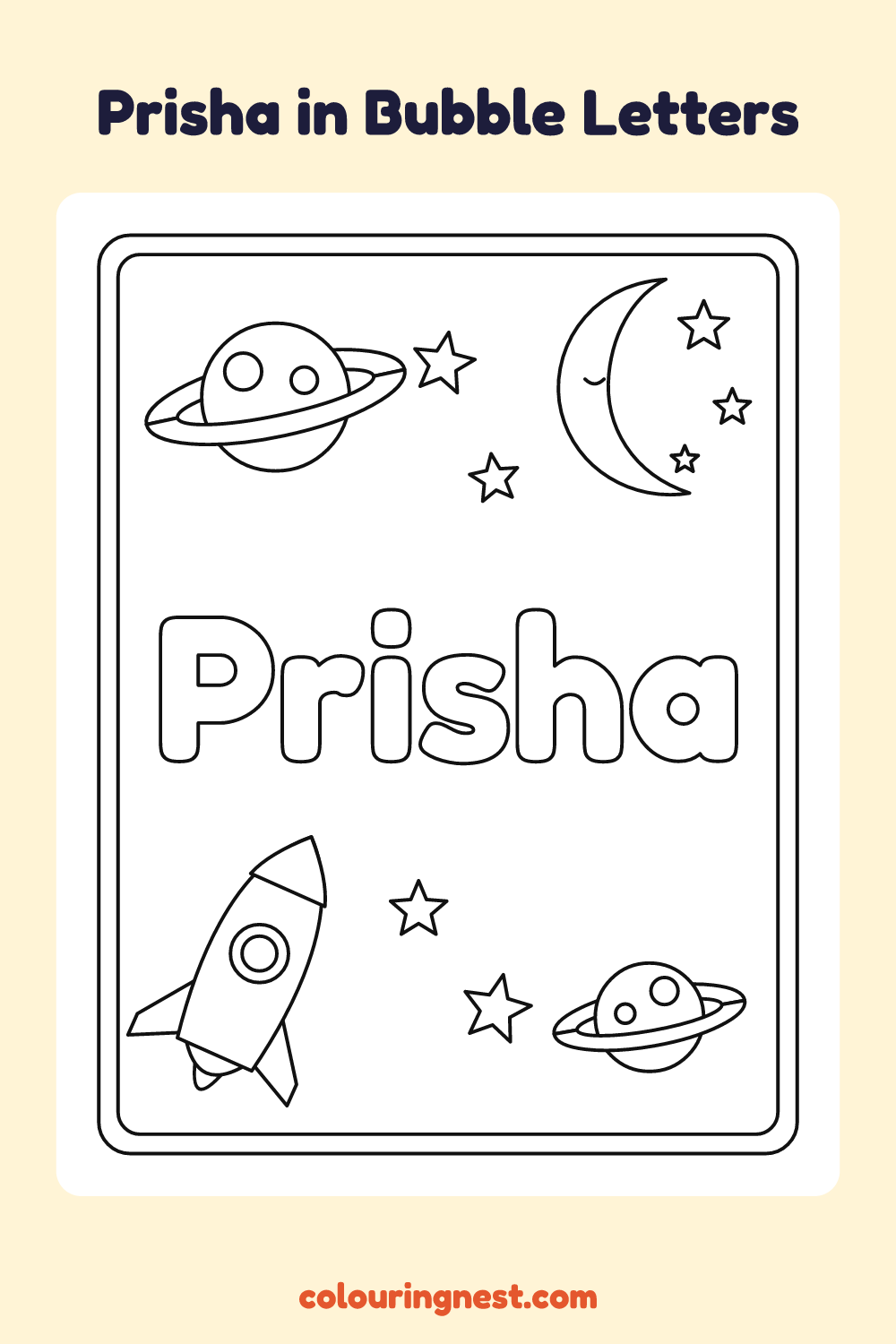 Prisha in Bubble Letters coloring page: free printable black-and-white line art