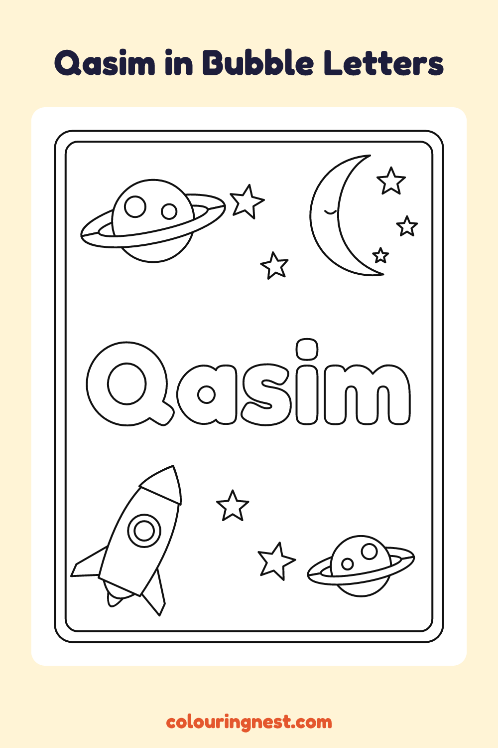 Qasim in Bubble Letters coloring page: free printable black-and-white line art