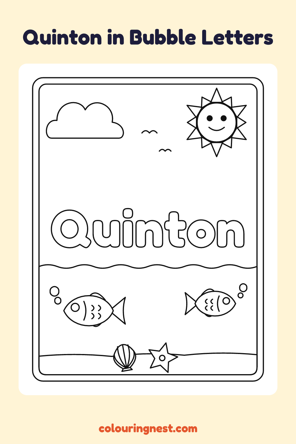 Quinton in Bubble Letters coloring page: free printable black-and-white line art