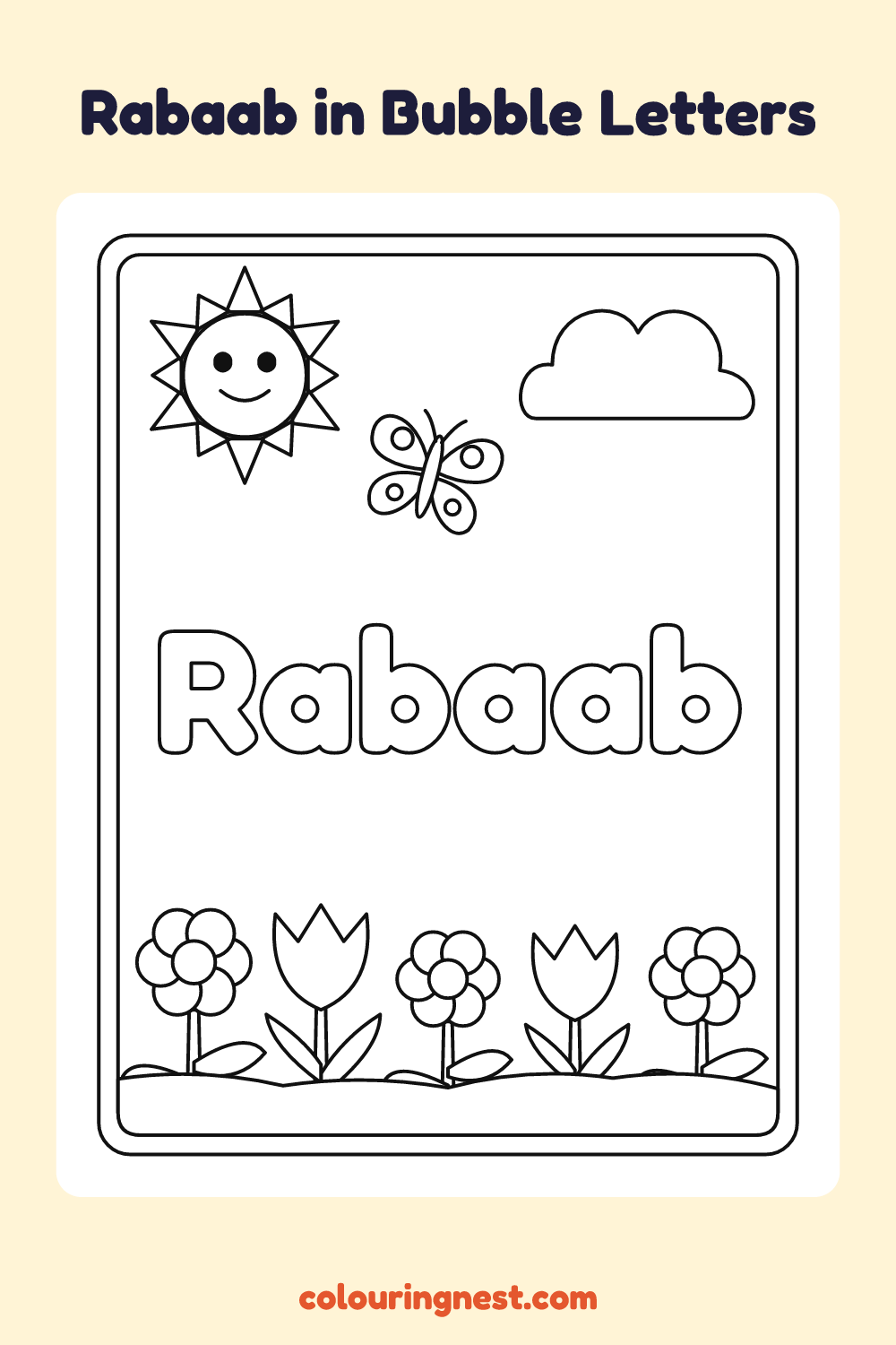 Rabaab in Bubble Letters coloring page: free printable black-and-white line art