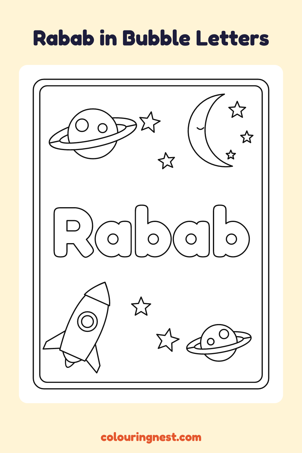 Rabab in Bubble Letters coloring page: free printable black-and-white line art