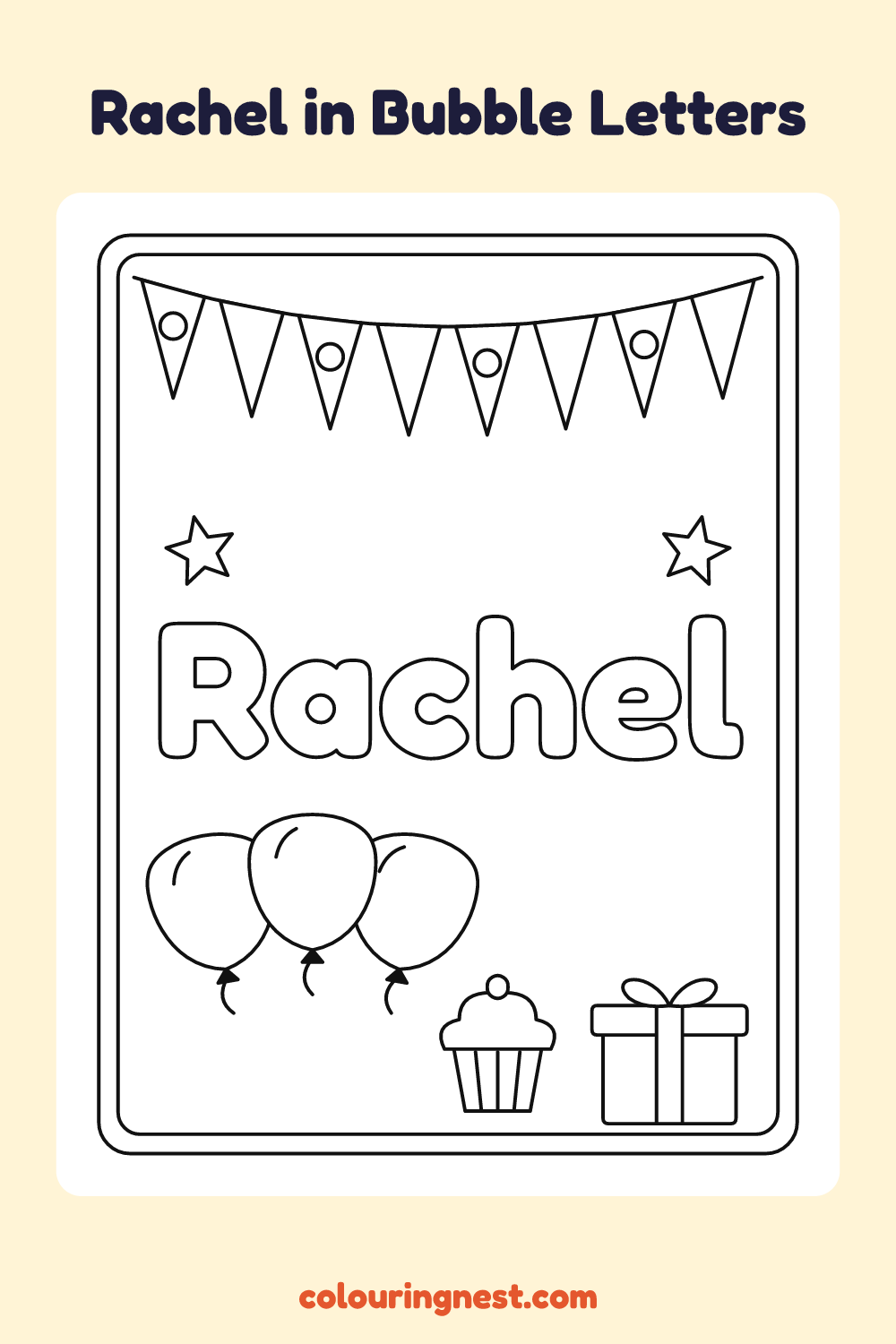 Rachel in Bubble Letters coloring page: free printable black-and-white line art