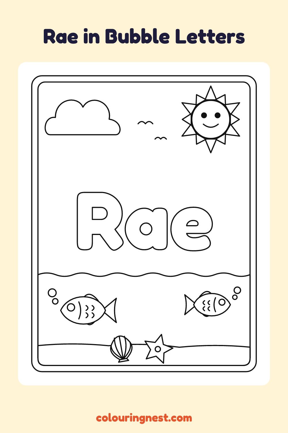 Rae in Bubble Letters coloring page: free printable black-and-white line art