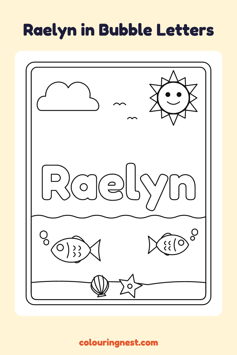 Raelyn in Bubble Letters coloring page: free printable black-and-white line art