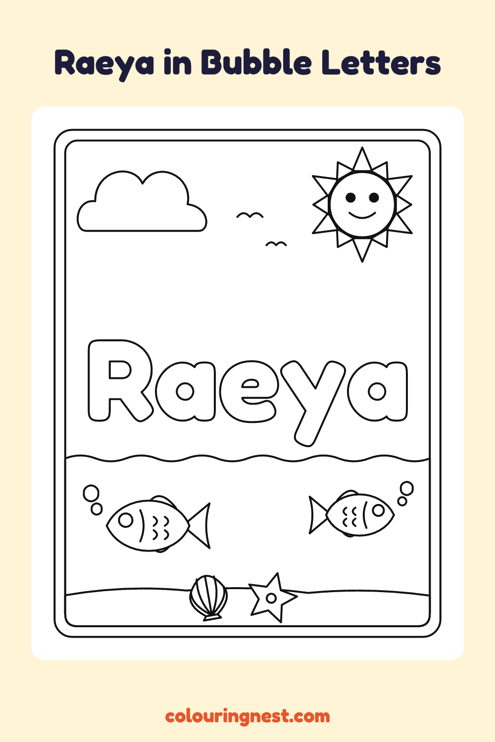 Raeya in Bubble Letters coloring page: free printable black-and-white line art