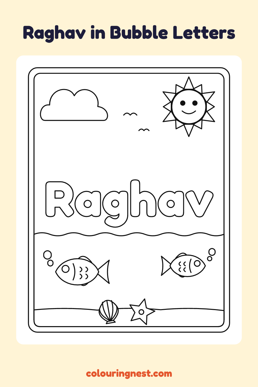 Raghav in Bubble Letters coloring page: free printable black-and-white line art