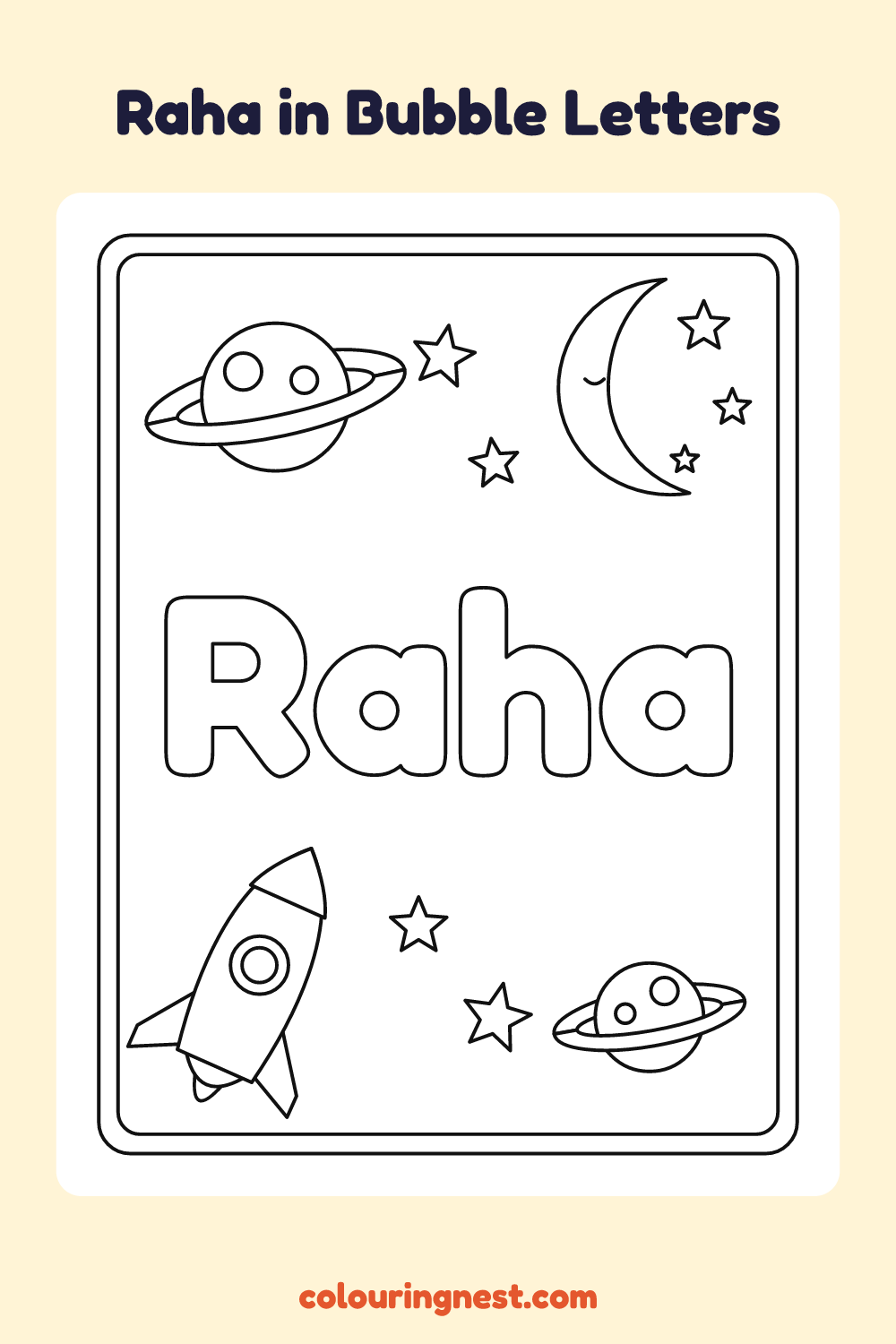 Raha in Bubble Letters coloring page: free printable black-and-white line art