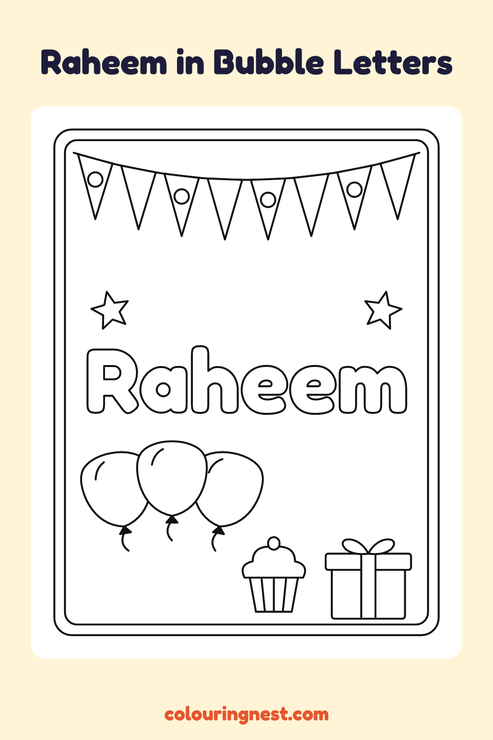 Raheem in Bubble Letters coloring page: free printable black-and-white line art