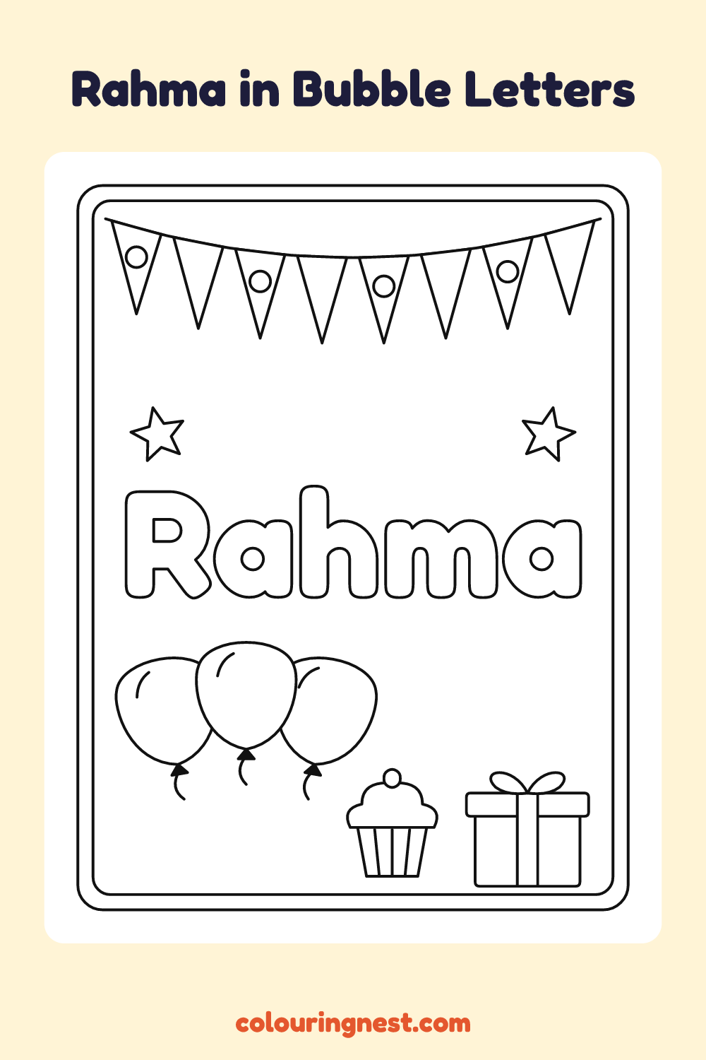 Rahma in Bubble Letters coloring page: free printable black-and-white line art