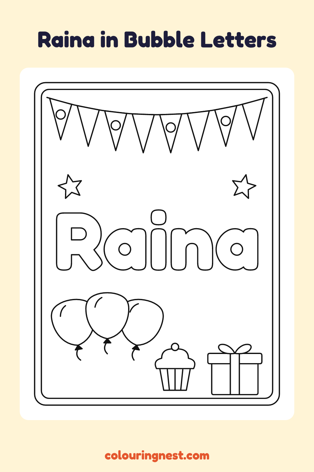 Raina in Bubble Letters coloring page: free printable black-and-white line art