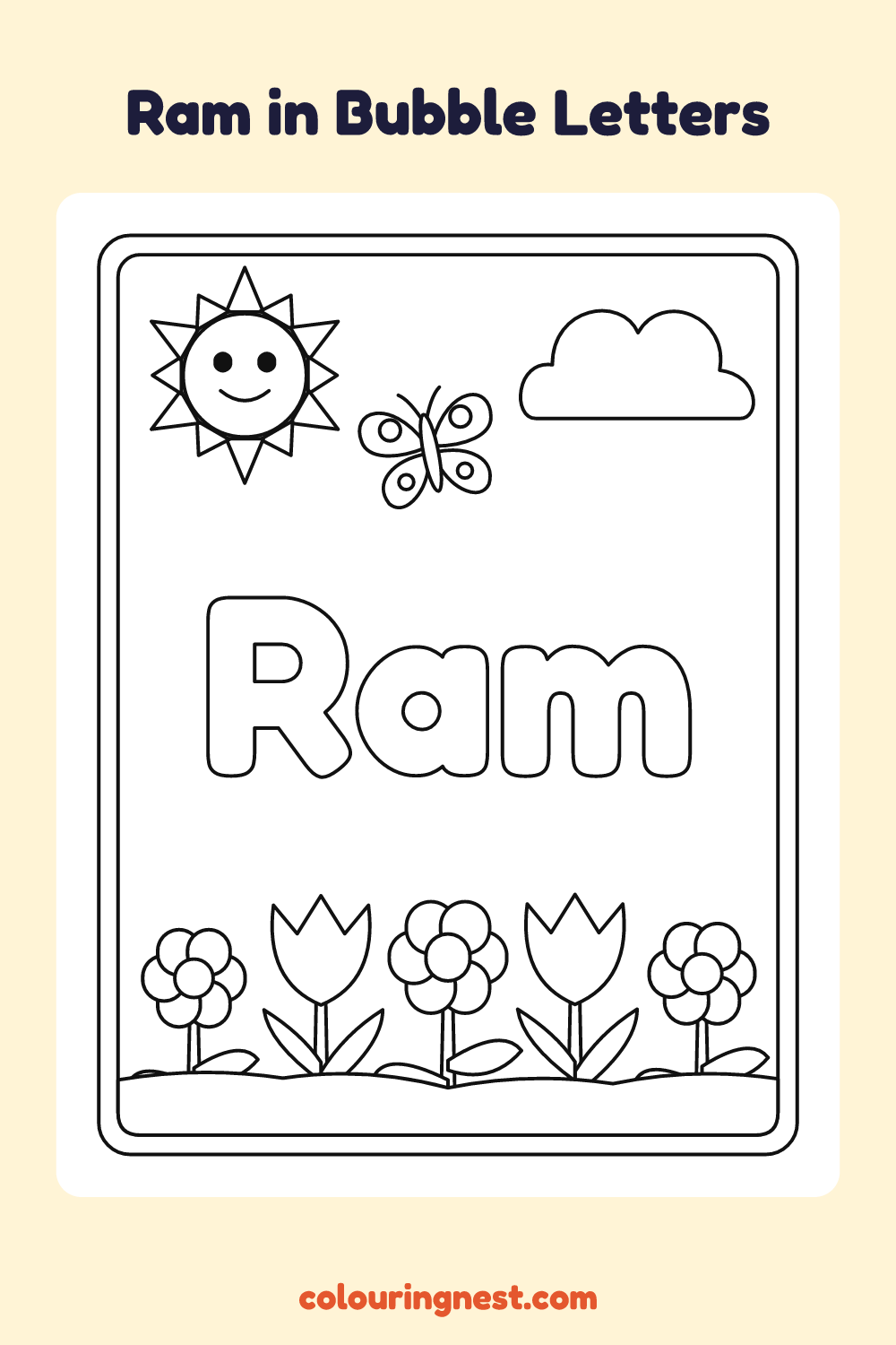 Ram in Bubble Letters coloring page: free printable black-and-white line art